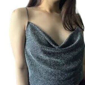 Shimmering Gray Glitter Cowl Neck Spaghetti Strap Tank Top XL By Crave Fame